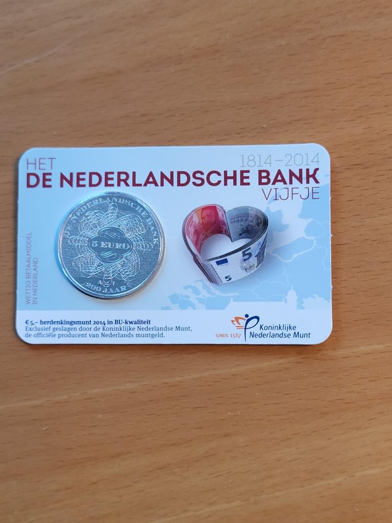 €5 Herdenkingsmunt 2014 De Nederlandsche Bank, Postzegels en Munten, Munten | Nederland, Ophalen of Verzenden, Euro's, Losse munt