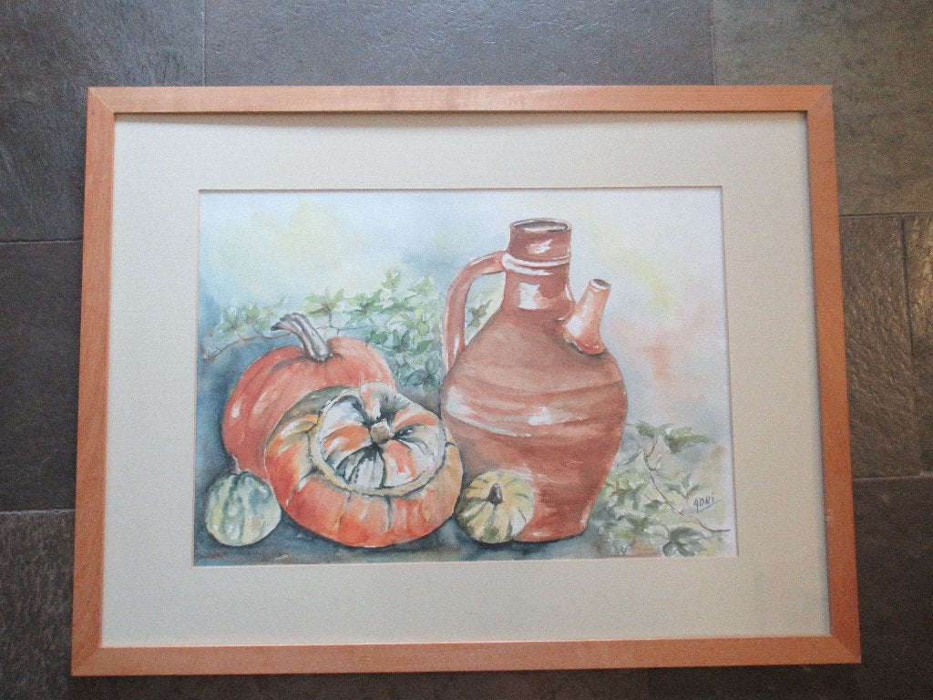 KALEBASSEN met kruik Aquarel in lijst gesigneerd 85x65 cm, Antiek en Kunst, Doek, Achter glas, Stilleven, Ophalen of Verzenden