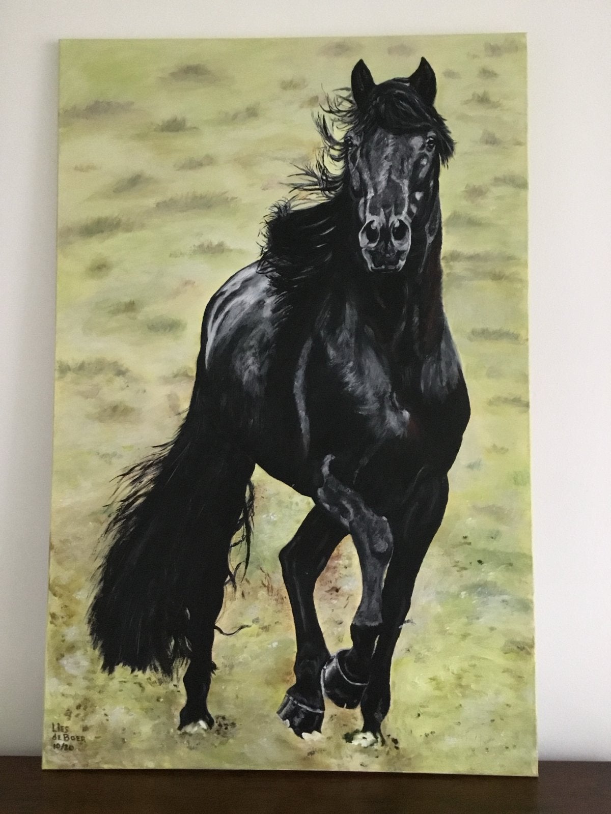 Prachtig Acryl Schilderij Zwart  Fries Paard op Canvas, Antiek en Kunst, Kunst | Schilderijen | Klassiek, Acrylverf, Doek, Dieren