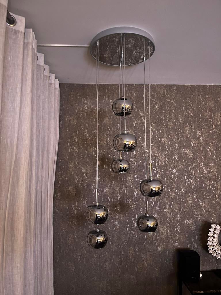 Plafond hanglamp dimbaar 7 bollen, Ophalen of Verzenden, Gebruikt, Glas, 75 cm of meer