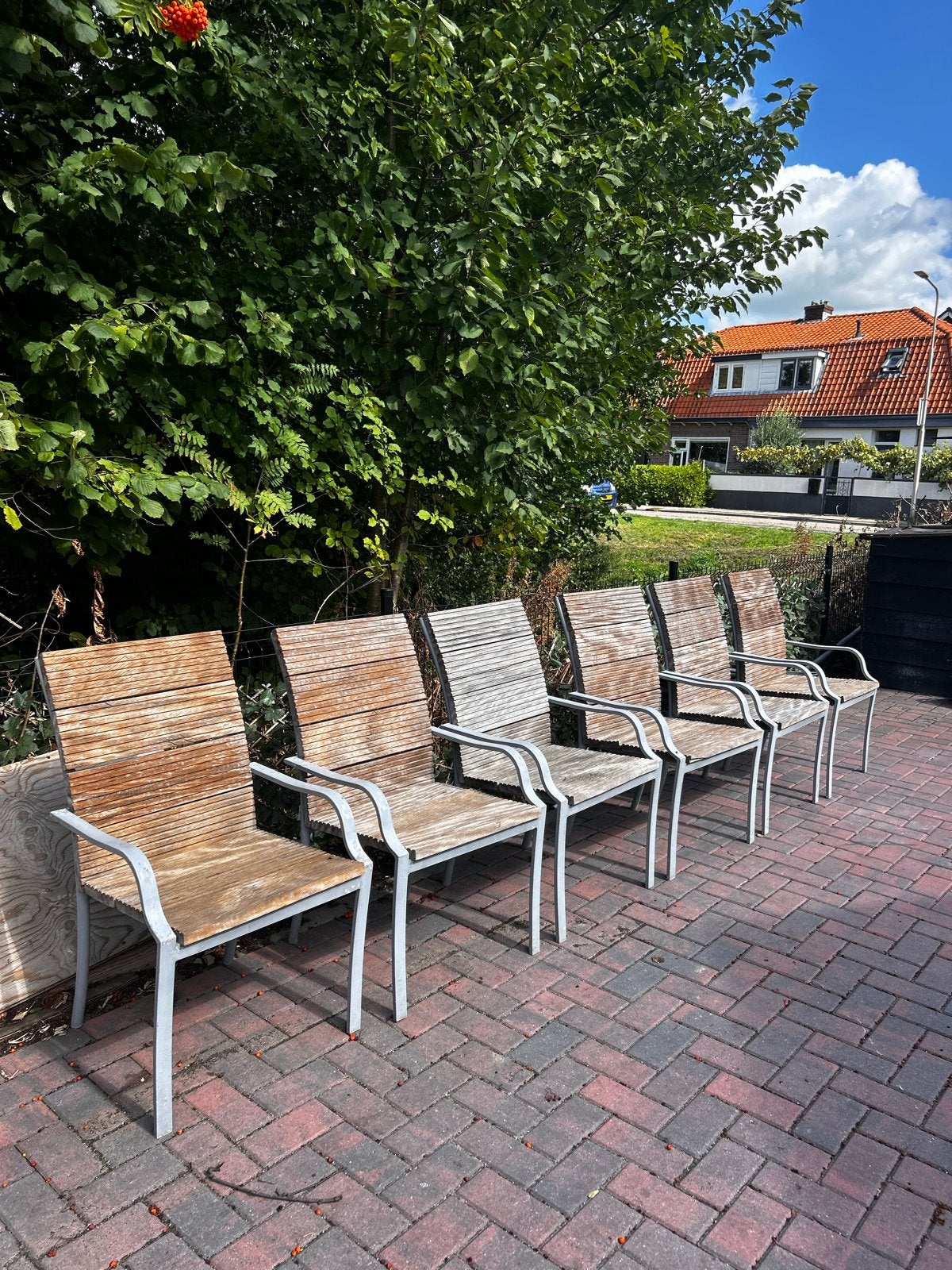 Set van 6 tuinstoelen met houten zitting en rugleuning, Tuin en Terras, Ophalen, Gebruikt, Hout