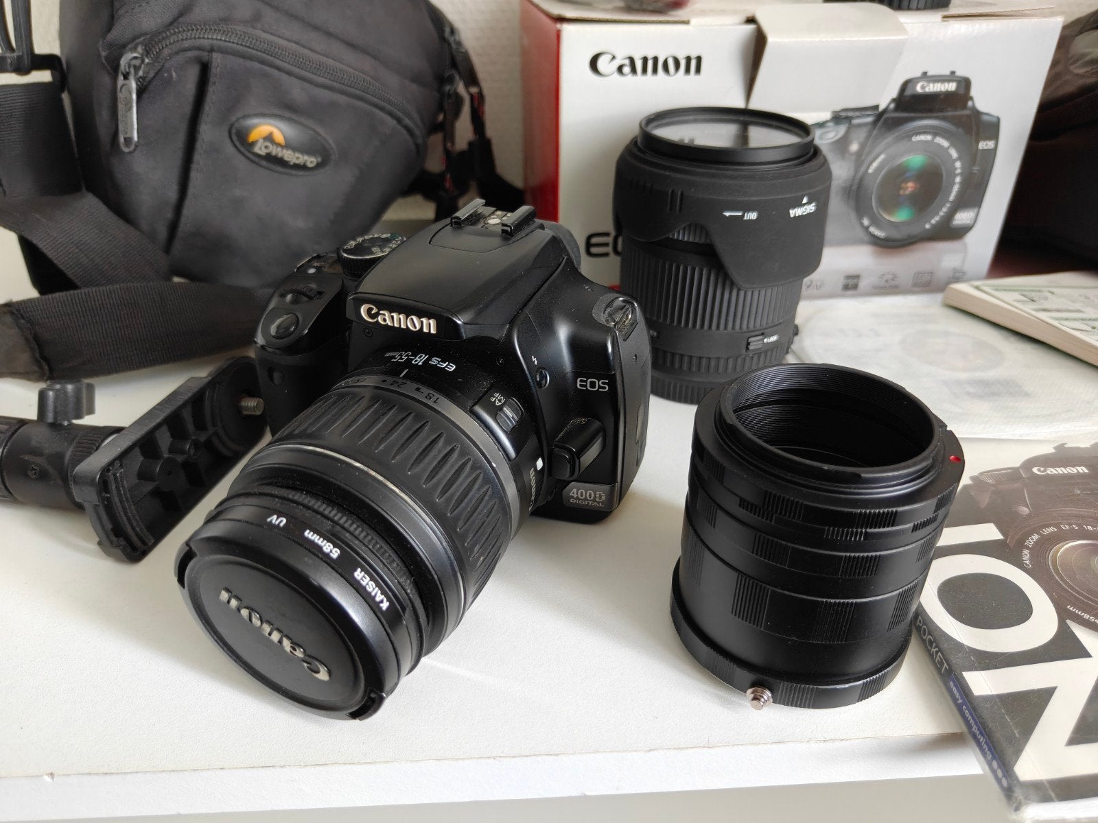 Canon EOS 400D + 18‑55 + 28‑300 + statief + 2x accu + 2x tas, Audio, Tv en Foto, Fotocamera's Digitaal, Ophalen, Gebruikt, Spiegelreflex