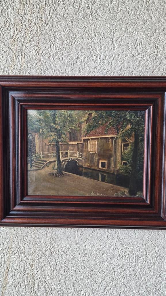 Schilderij: Hollands landschap met gracht en brug, Antiek en Kunst, Ophalen of Verzenden