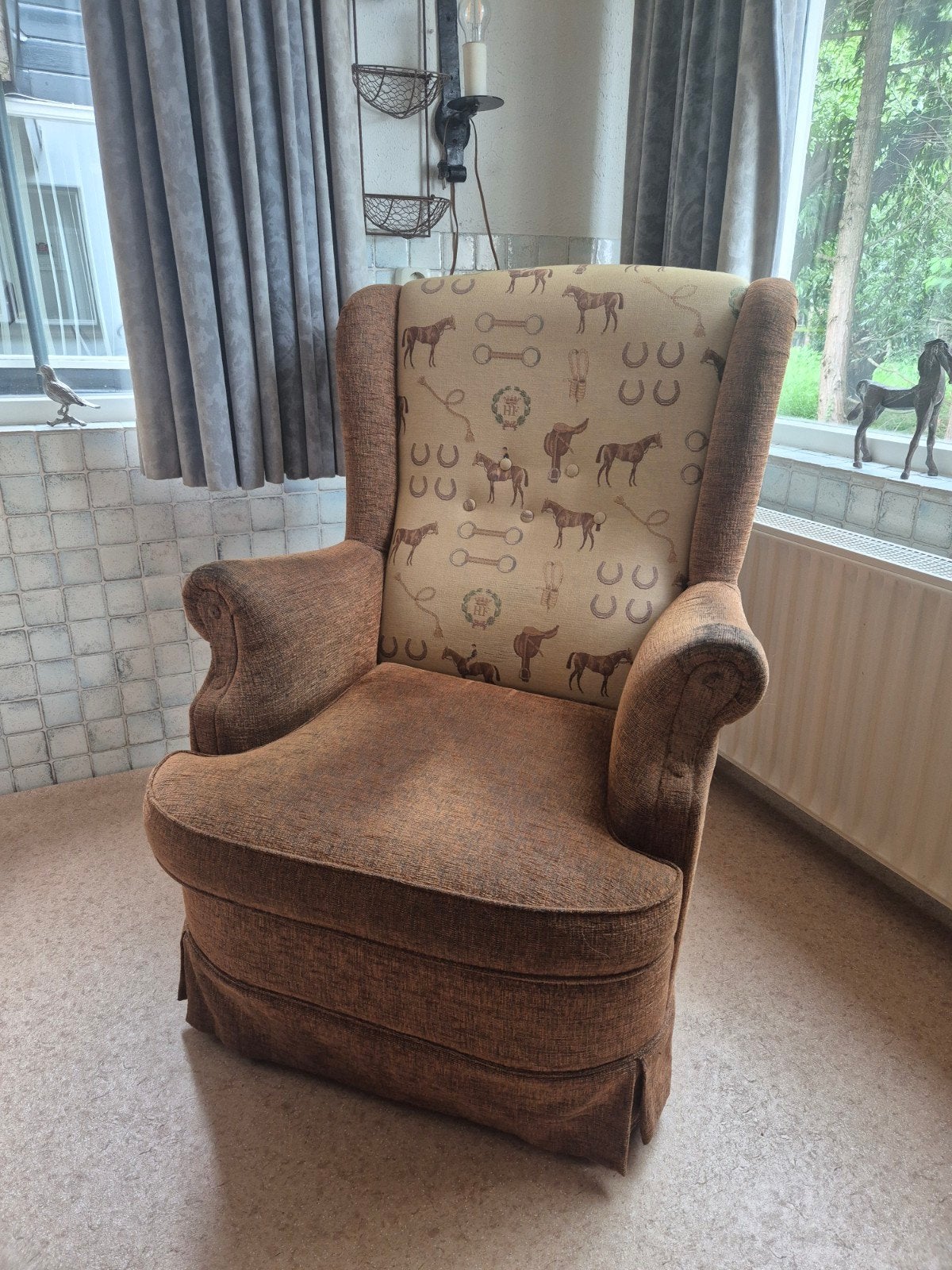 Vintage fauteuil met paardenprint en een hele bruine, Ophalen, Gebruikt, 75 tot 100 cm, Stof