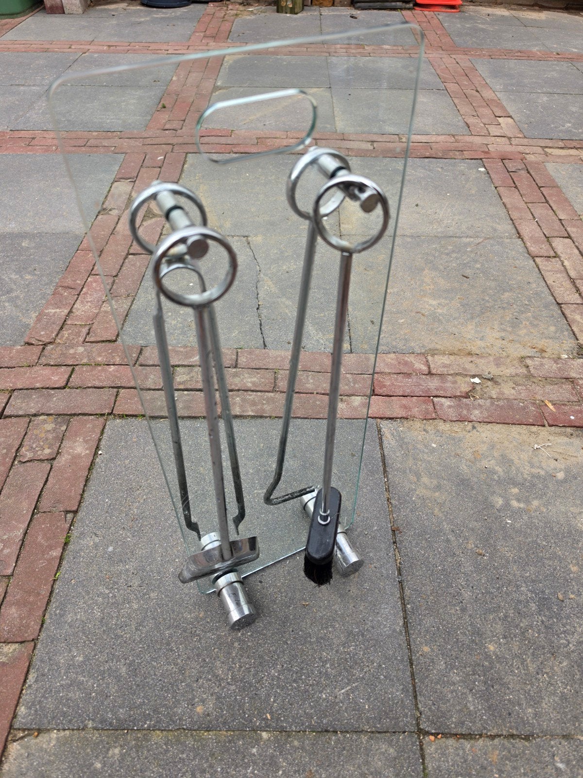 Openhaard set met glazen standaard en gereedschap, Ophalen of Verzenden, Gebruikt, Houthaard
