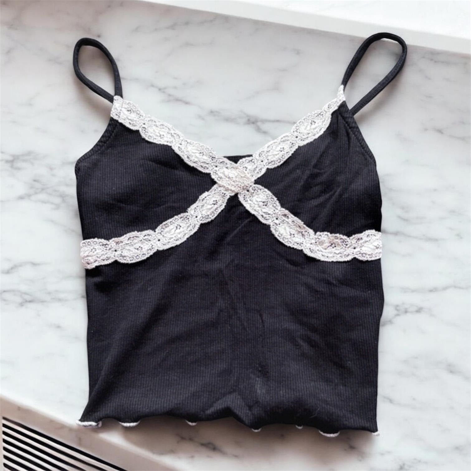 Zwart kanten topje met spaghettibandjes, Kleding | Dames, Tops, Zwart, Ophalen of Verzenden, Zo goed als nieuw, Maat 36 (S)