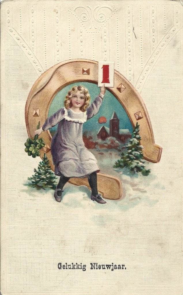 Antiek*Gelukkig Nieuwjaar*Meisje*Hoefijzer*Relief, Ophalen of Verzenden, Voor 1920, Ongelopen, Feest(dag)