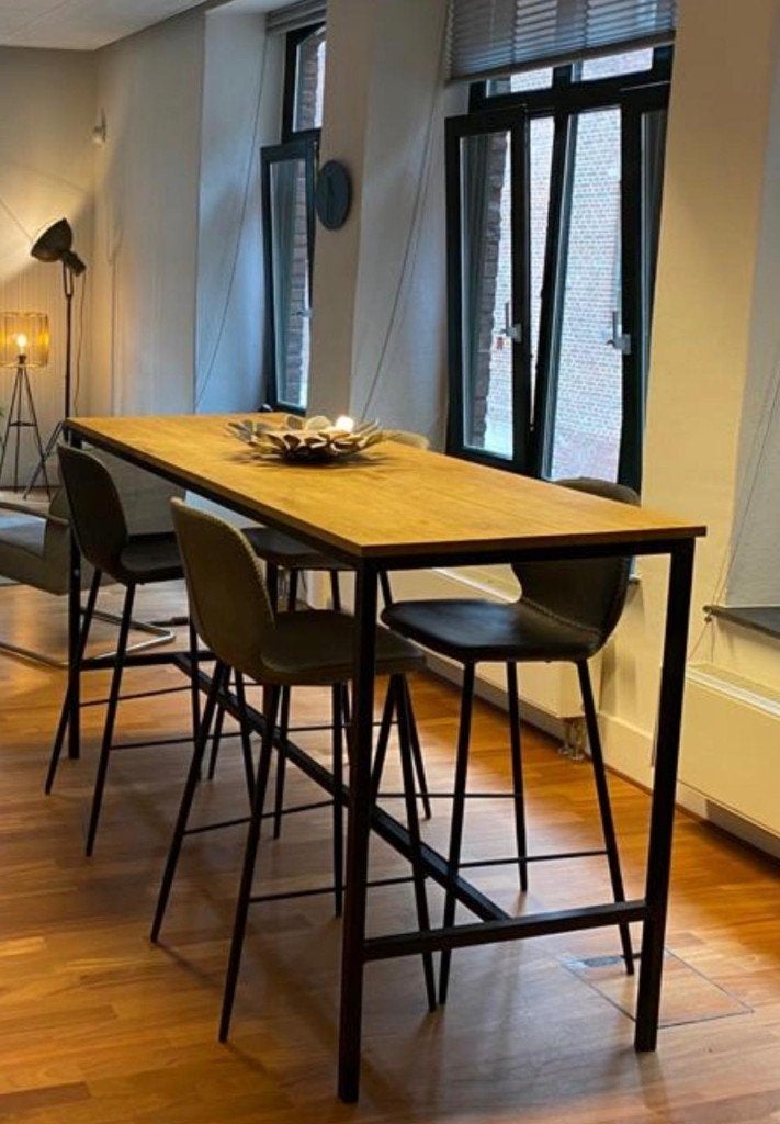Mooie Loods 5 bartafel met 4 barkrukken, Huis en Inrichting, Tafels | Eettafels, 100 tot 150 cm, Zo goed als nieuw, Metaal, Vier personen