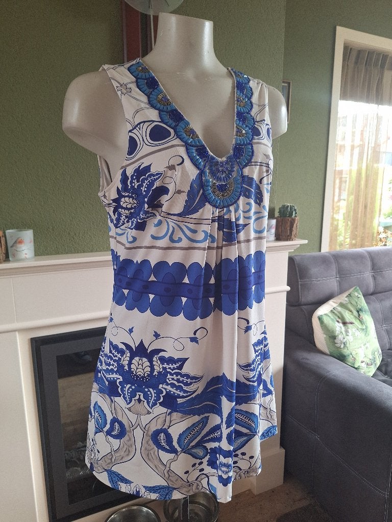 K-Design top tuniek blauw witte mooie halslijn L, K-design, Maat 42/44 (L), Zo goed als nieuw, Verzenden