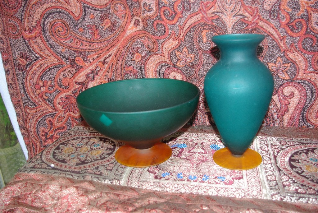 Groene glazen schaal en vaas, Antiek en Kunst, Antiek | Woonaccessoires, Ophalen