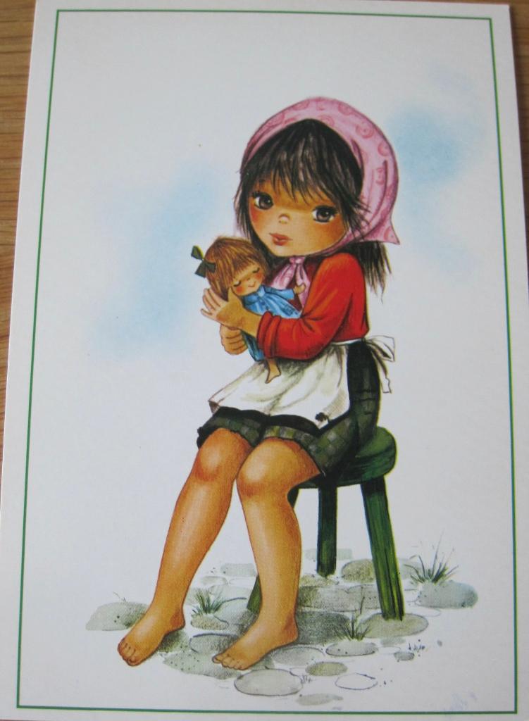 meisje op kruk met pop, Verzenden, 1960 tot 1980, Gelopen, Kinderen