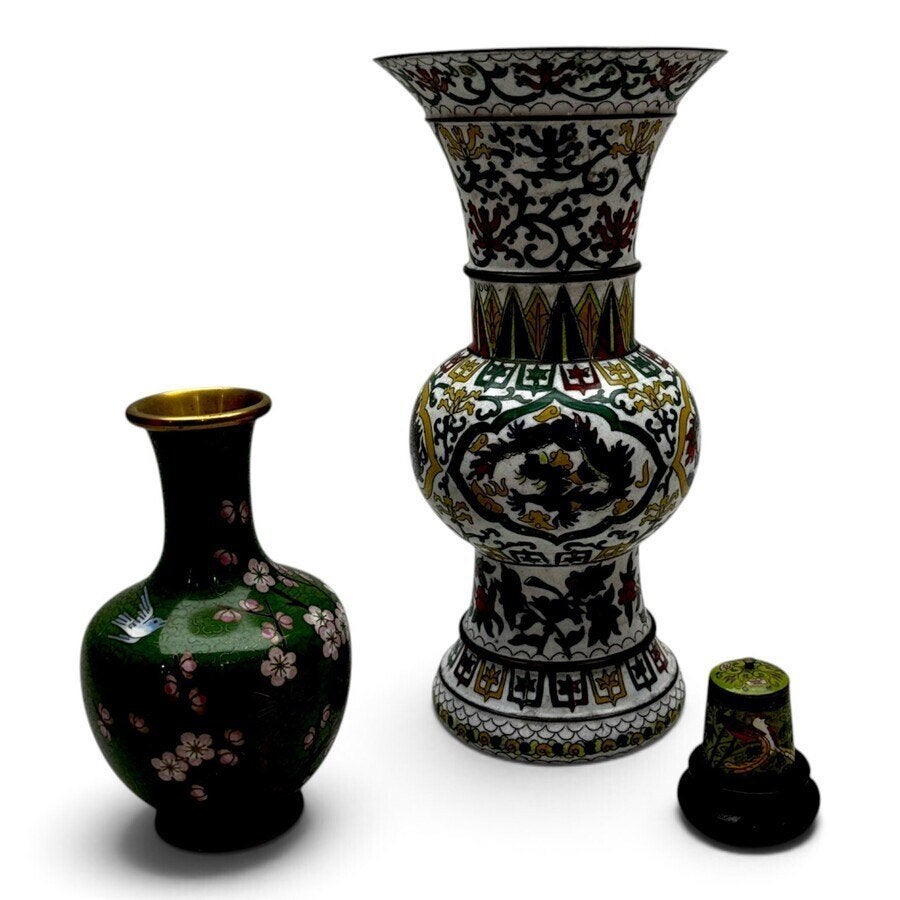 Cloisonné vaas, vaasje en dekselpotje (3x), Ophalen of Verzenden