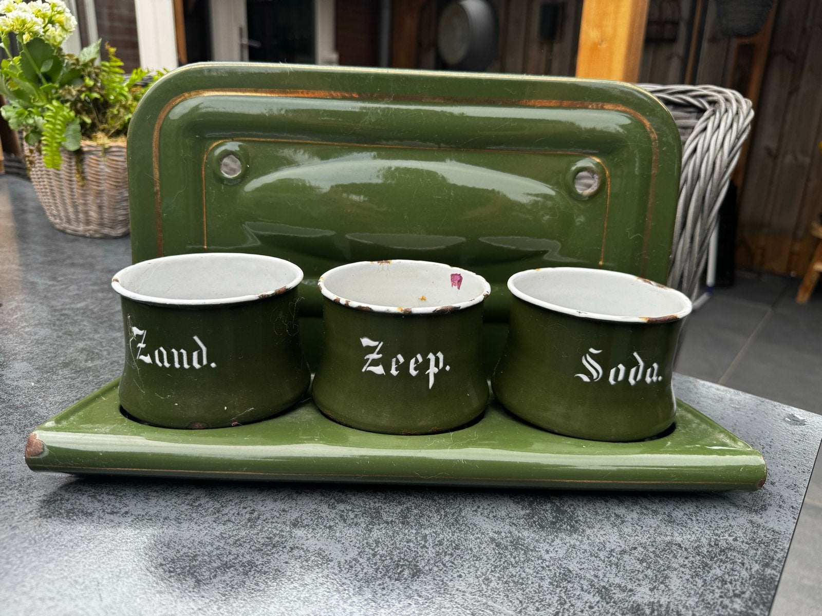 Vintage Emaille Rek met Potjes - Zand, Zeep, Soda, Ophalen of Verzenden