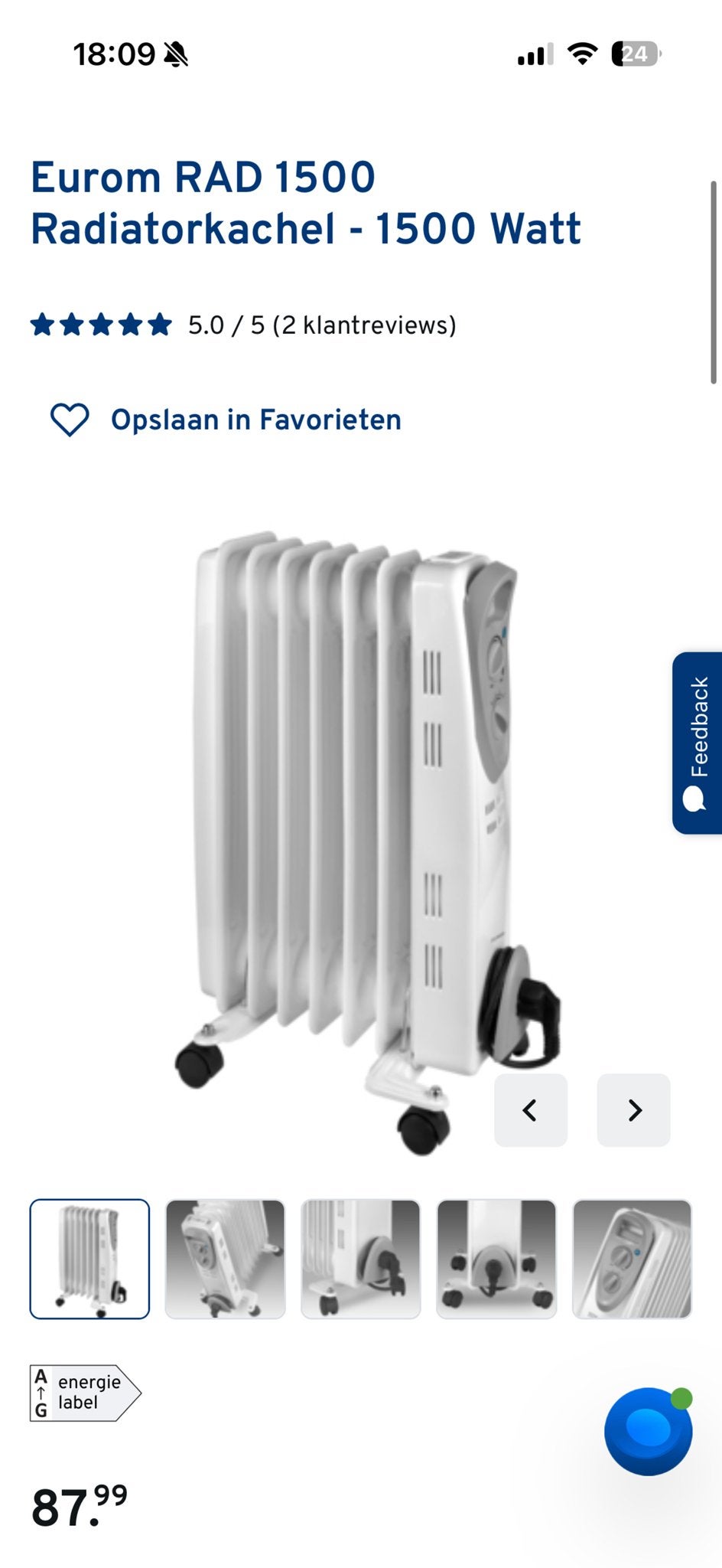 Eurom RAD 1500 Radiatorkachel - 1500 Watt, Ophalen, Gebruikt, Kachel, Minder dan 60 cm