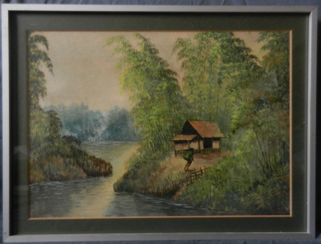 Aquarel Indonesië Hutje bij rivier gesign Rony hxb 24,5x34,7, Ophalen of Verzenden, Schilderij, Aquarel, Handgemaakt