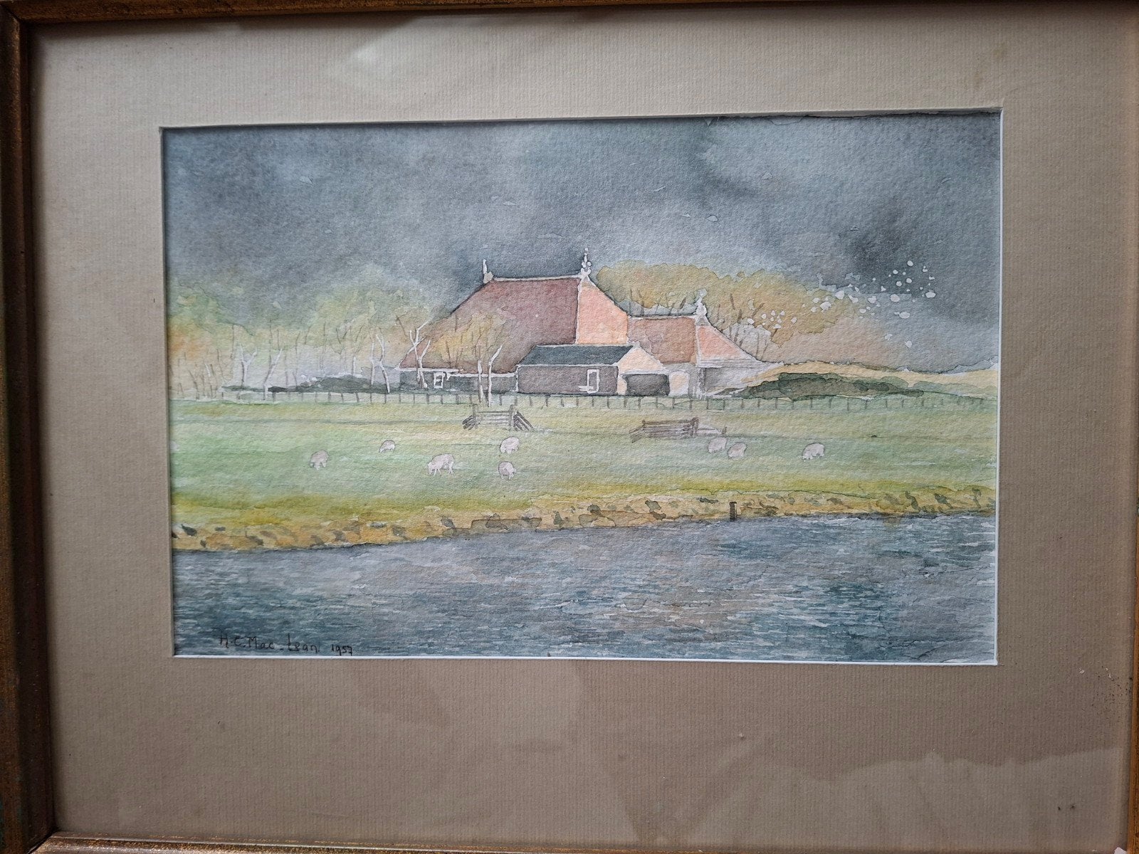 Originele aquarel 'Boerderij aan het water' - H.C. MacLean, Achter glas, Oud hollands, Ophalen of Verzenden, Landschap