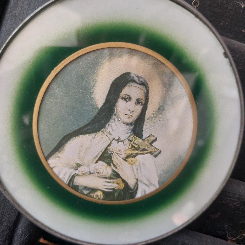 Mooie antieke afbeelding achter glas van de Heilige Theresia, Ophalen of Verzenden
