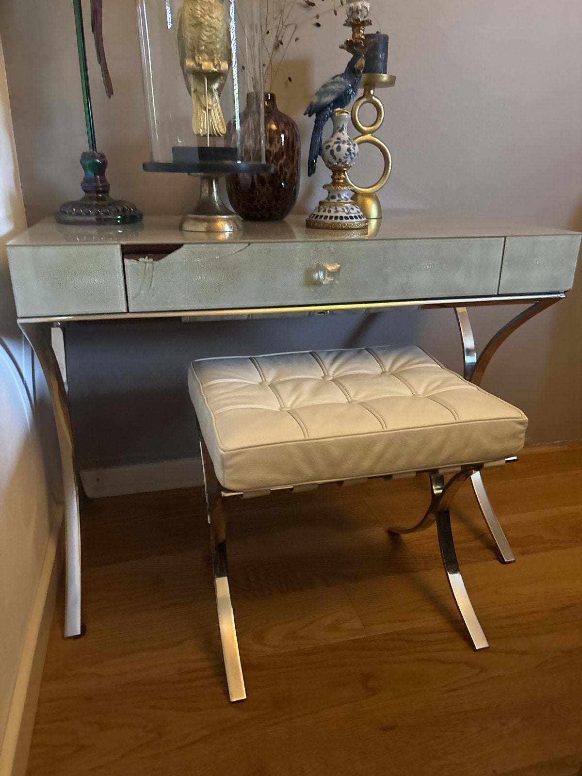 Sidetable met lade en hocker - glas gebarsten, Ophalen, Gebruikt, 50 tot 100 cm, Glas
