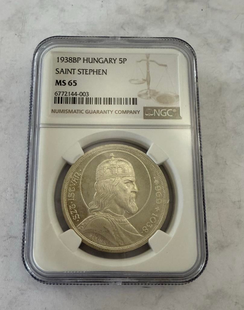 5 Pengo zilver Saint Stephen MS65 - NGC Graded, Ophalen of Verzenden, Zilver
