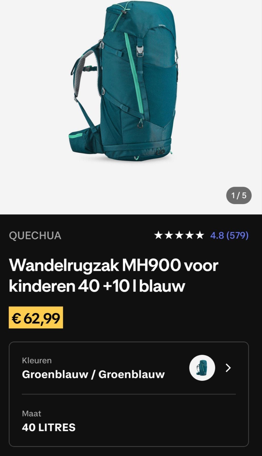 Quechua Wandelrugzak MH900 Kinderen 40+10L Blauw, Ophalen, Zo goed als nieuw, Rugzak