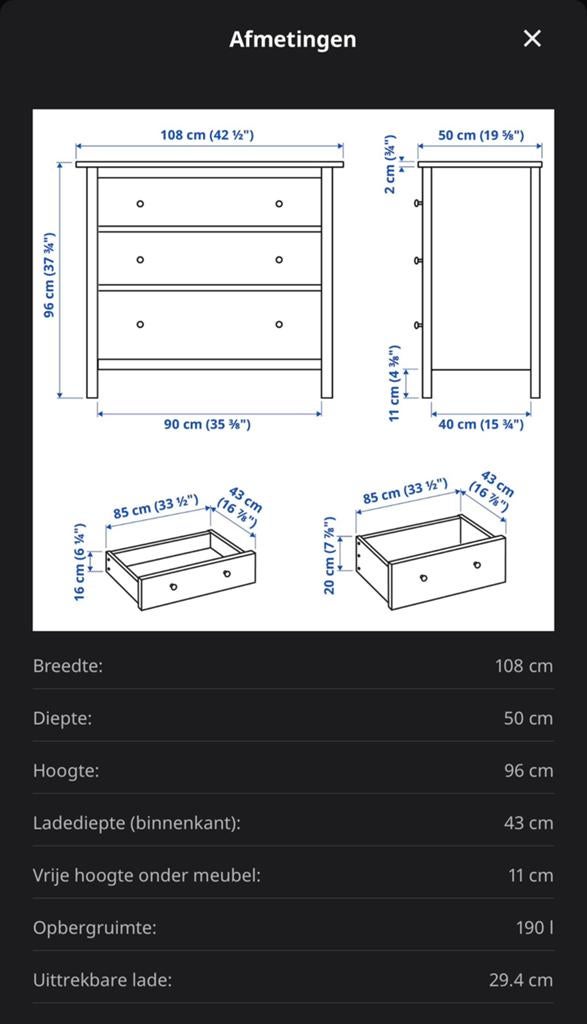 Hemnes ladenkast, Huis en Inrichting, Kasten | Ladekasten, 100 tot 150 cm, 5 laden of meer, Ophalen of Verzenden, Zo goed als nieuw