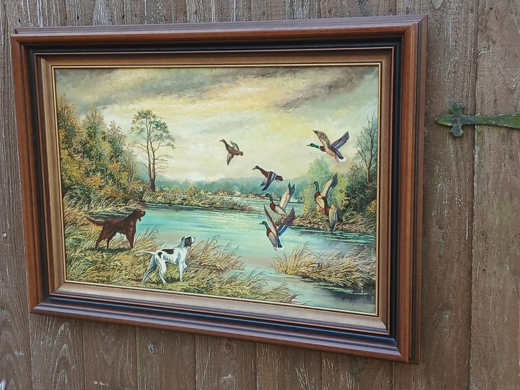 Jachttafereel Olieverf Schilderij - Honden en Eenden, Antiek en Kunst, Kunst | Schilderijen | Klassiek, Ophalen of Verzenden