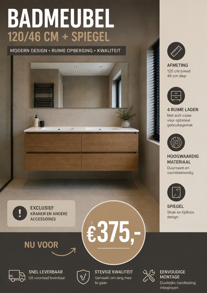 Badmeubel 120x46 cm met 4 softclose lades en spiegel, Telecommunicatie, Powerbanks, Korver, Dejovi1@gmail.com, Nieuw, Ophalen of Verzenden