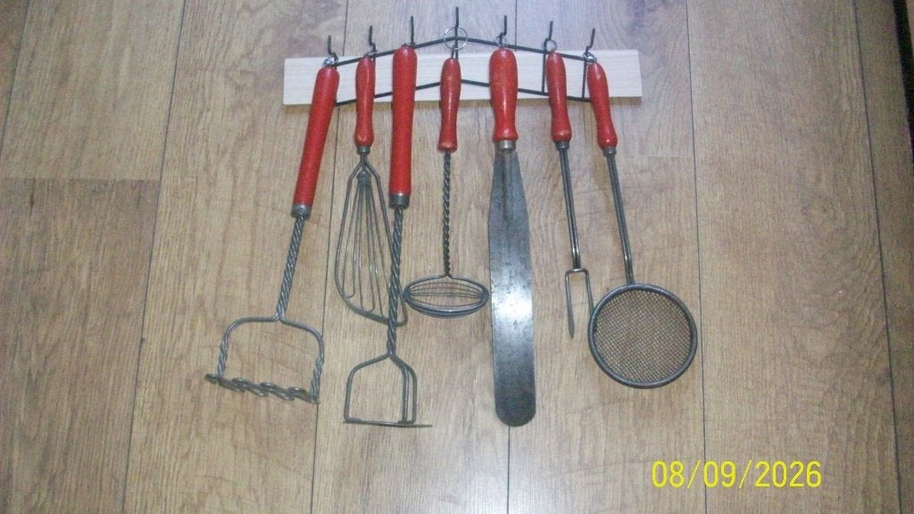 Vintage Keukengerei Set met Rode Handvatten, Ophalen of Verzenden