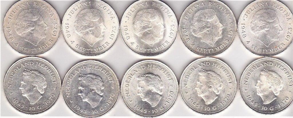 10 GULDEN MUNTEN ZILVER 5 X 1970 - 5 X 1973, Postzegels en Munten, Munten | Nederland, Ophalen of Verzenden, Koningin Juliana