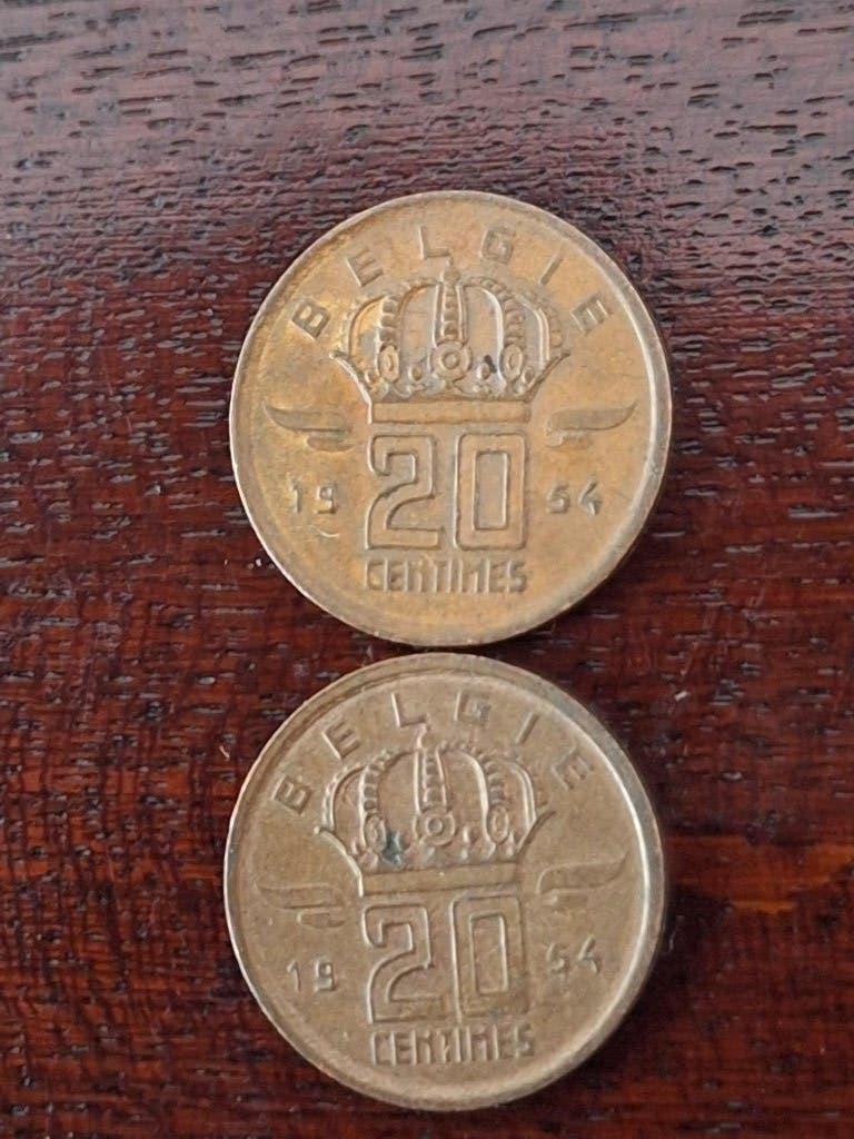 2 munten België 20 centimes 1954 N, Postzegels en Munten, Munten | België, Ophalen of Verzenden, Brons, Losse munt