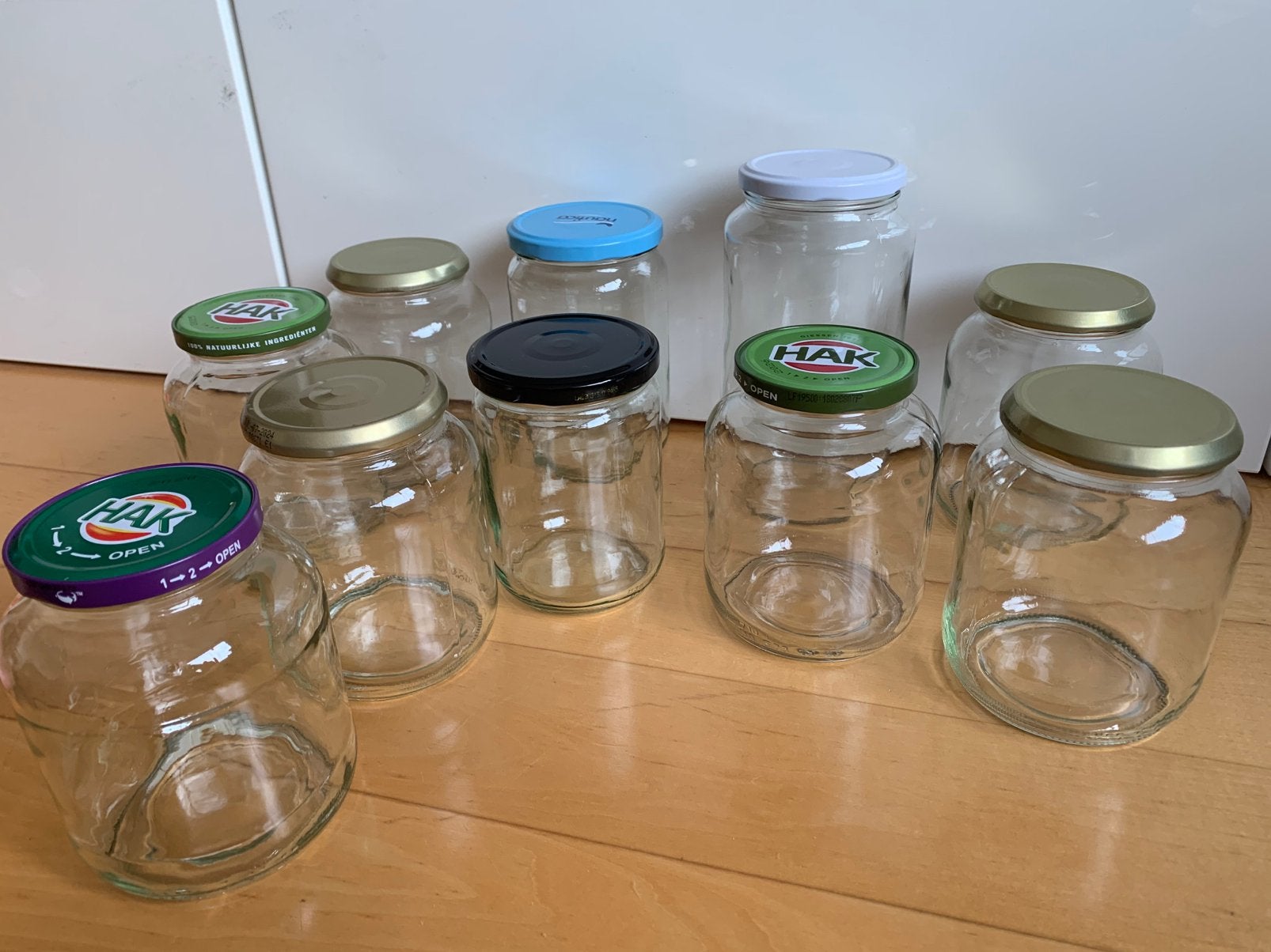 10 grote glazen potten inmaakpotten (500 ml - 1 liter), Ophalen, Gebruikt, Met deksel, Pot, Bus of Blik