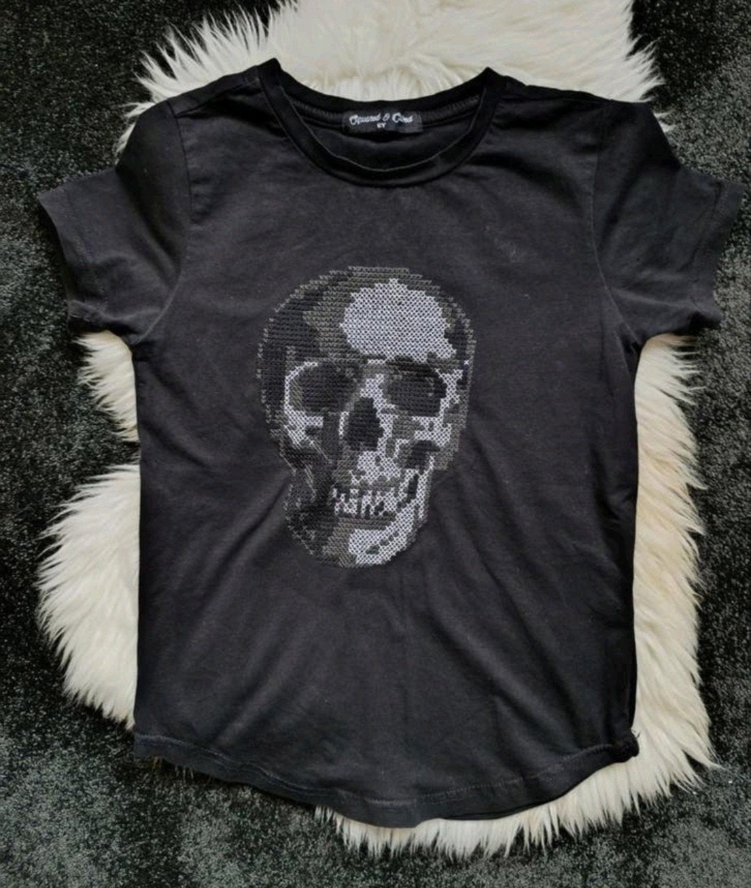 Zwart T-shirt metdoodshoofd maat 110/116, squared and cubes, Jongen of Meisje, Ophalen of Verzenden, Zo goed als nieuw, Shirt of Longsleeve