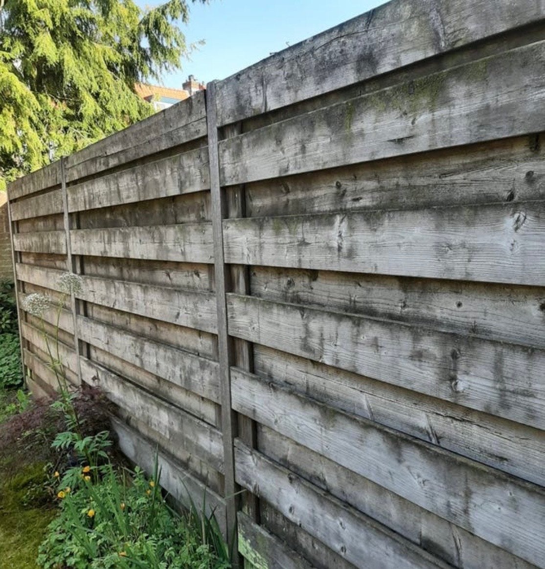 Gratis houten schutting inclusief poort, palen en extra hout, Tuin en Terras, Ophalen, 6 meter of meer, Hout, 1 tot 2 meter