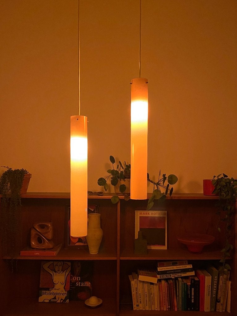 Set vintage Philips Opaline hanglampen, 1970, Ophalen of Verzenden, Gebruikt, Glas, E27 (groot)