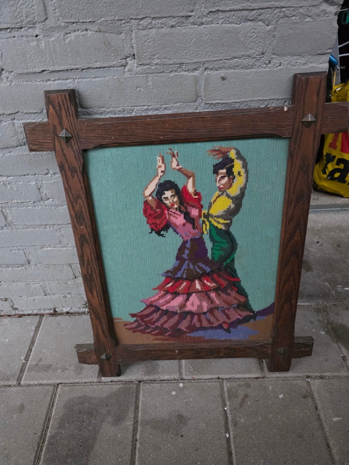 Vintage borduurwerk Flamenco dansers in houten lijst, Ophalen of Verzenden