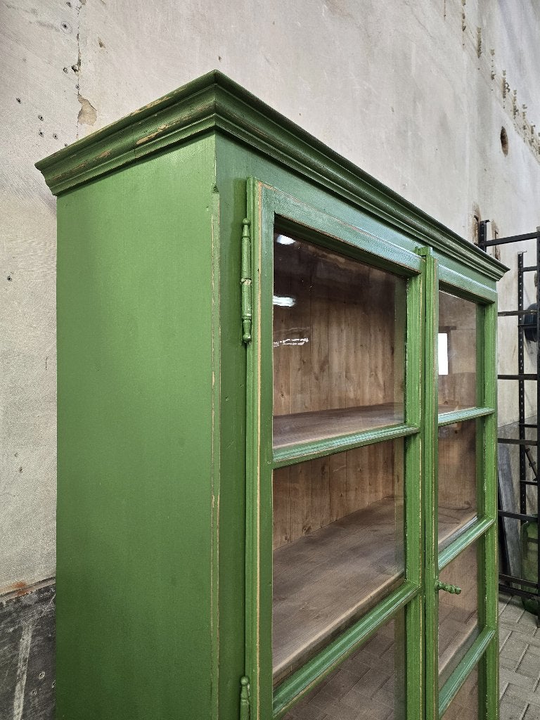 XL Vintage Houten Vitrinekast Groen | Grote Vitrine Kast 2, Huis en Inrichting, Antiek Retro Vintage Brocante Landelijk, 150 tot 200 cm