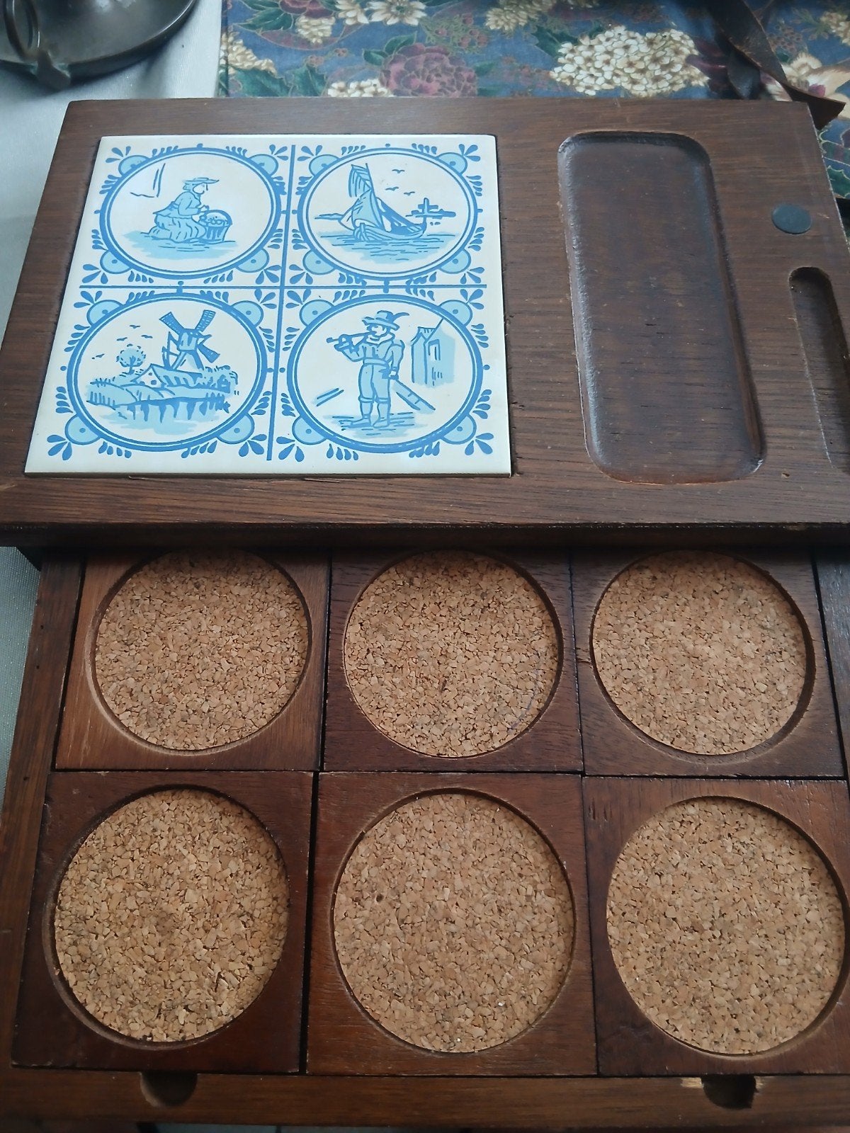 Vintage houten dienblad met Delfts blauwe tegels, Antiek en Kunst, Ophalen of Verzenden