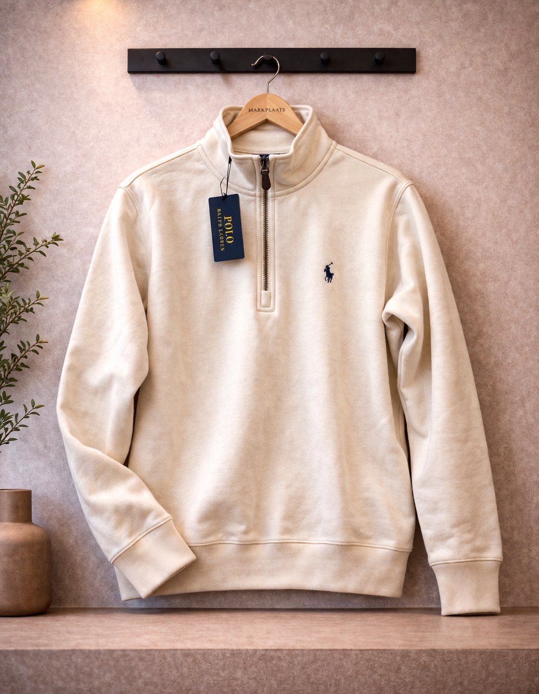 Ralph Lauren Heren Half Zip Sweater Ecru – Maat L, Ophalen of Verzenden, Zo goed als nieuw, Beige
