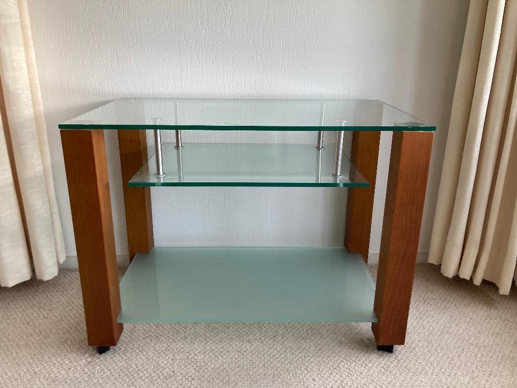 Glazen TV tafel computer laptop tafeltje met houten poten, Ophalen, Glas, 50 tot 100 cm, Zo goed als nieuw