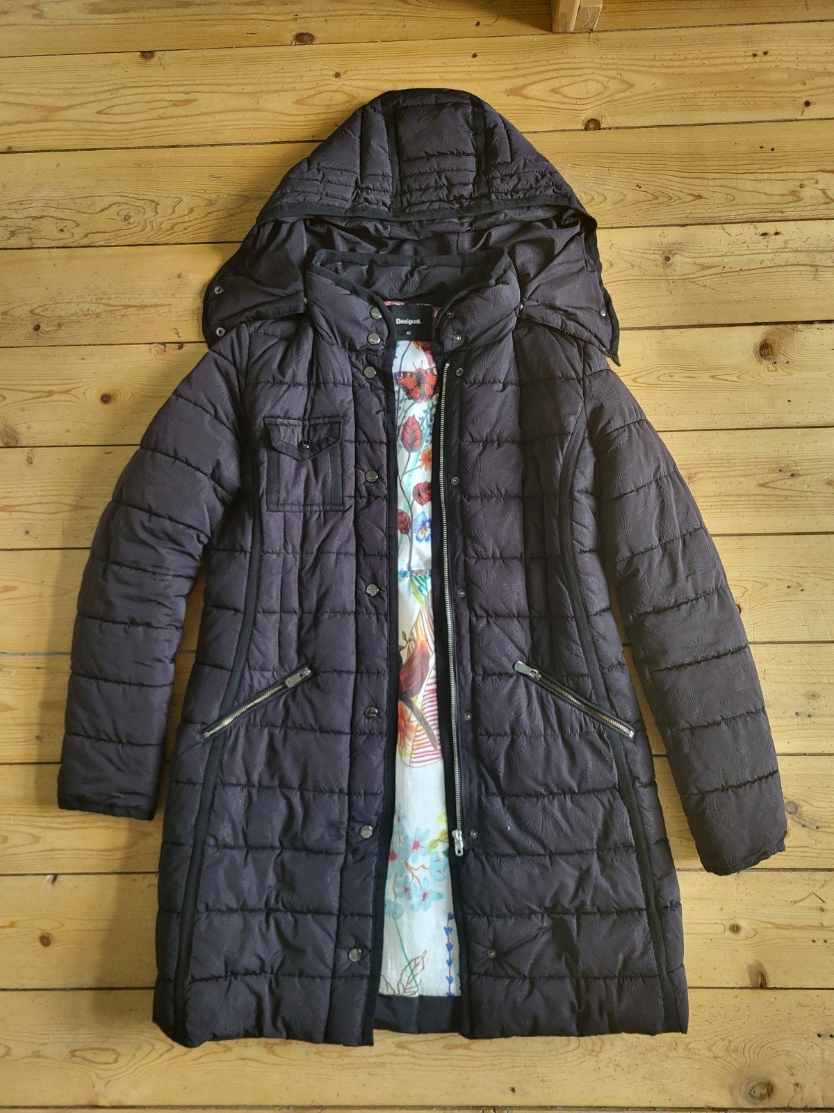 Zwarte winterjas Desigual maat 40, Ophalen of Verzenden, Zo goed als nieuw, Maat 38/40 (M), Zwart