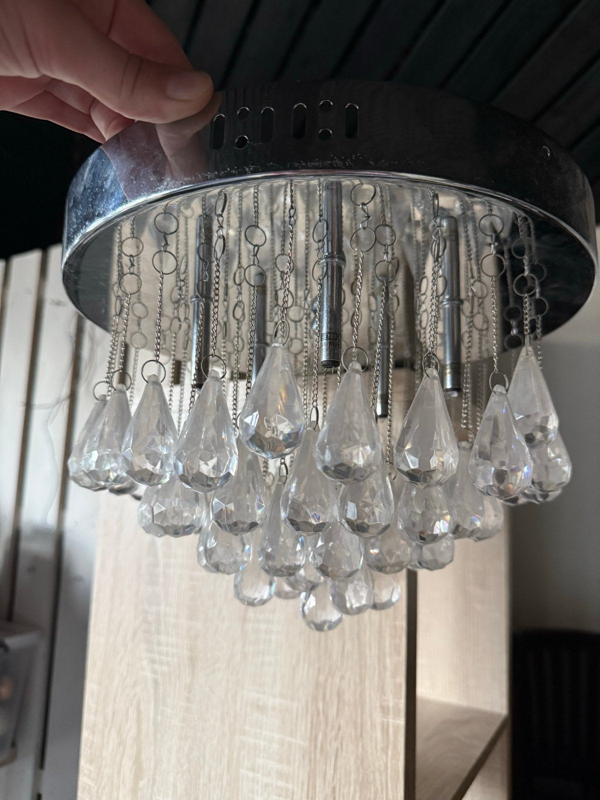 Moderne plafondlamp met kristallen druppels, Ophalen, Gebruikt, Metaal, Overige fittingen