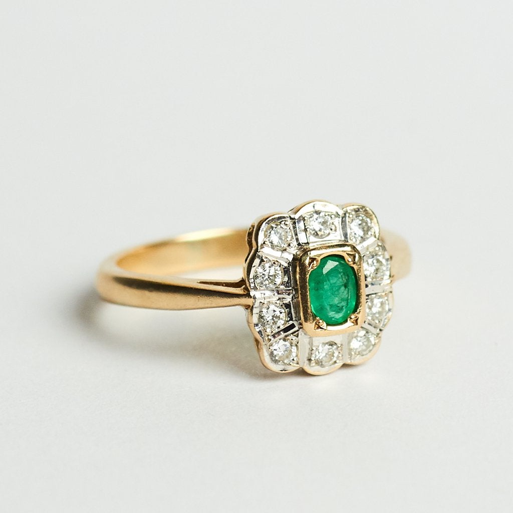 Vintage gouden ring 9 karaat diamant smaragd verloving trouw, Ophalen of Verzenden, Met edelsteen, Dame, Goud