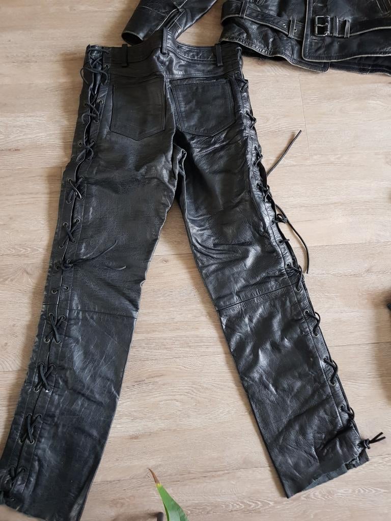 Zwarte leren dames motorpak - Maat 38, Motoren, Broek | leer, Ophalen of Verzenden, Zie binnenzijde jas ., Dames