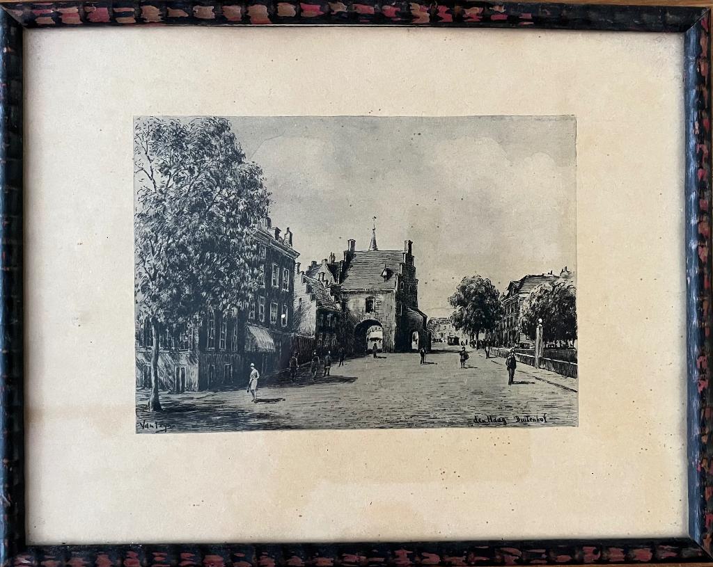 Anton van Teijn. Buitenhof Den Haag. Tekening, Antiek en Kunst, Kunst | Etsen en Gravures, 1800 - 1899, 15 cm, 11 cm, Overige technieken