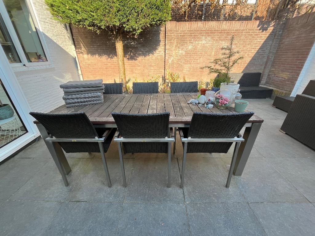 Tuinset 220cm | uitklapbare tafel + 6 stoelen met kussens, Tuin en Terras, Tuintafels, Ophalen, Gebruikt, Rechthoekig, Teakhout