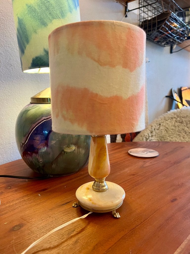 Vintage antiek marmer onyx tafellampje ikat lampenkap lampje, Met schakelaar, Gebruikt, Vintage, E14 (klein)