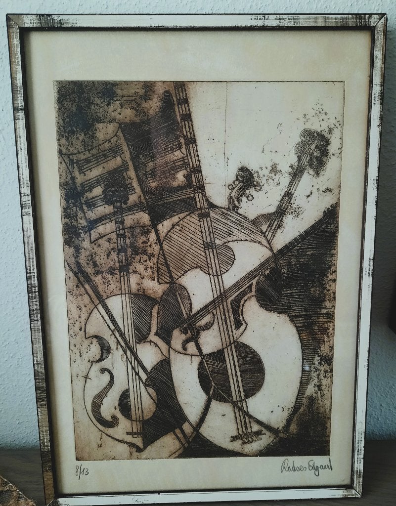 genummerd en gesigneerd ets met muziekinstrument, Ophalen of Verzenden