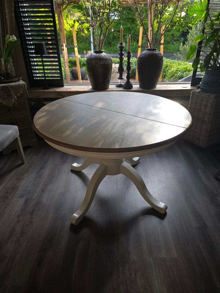 Ronde eettafel 120cm, uitschuifbaar naar ovale 160cm, Ophalen, Gebruikt, 100 tot 150 cm, Rond