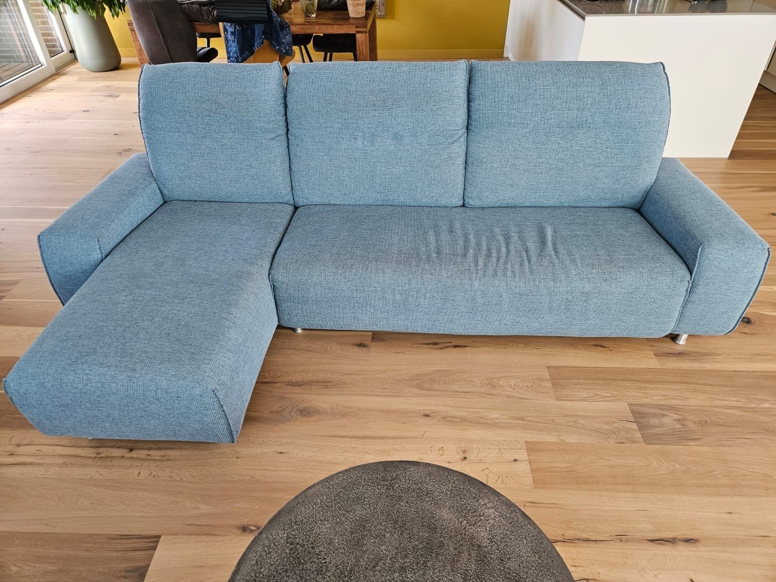 Bankstel, loungestoel en poef - Hulshoff Design ijsblauw, Huis en Inrichting, Ophalen, 250 tot 300 cm, Gebruikt, Hoekbank