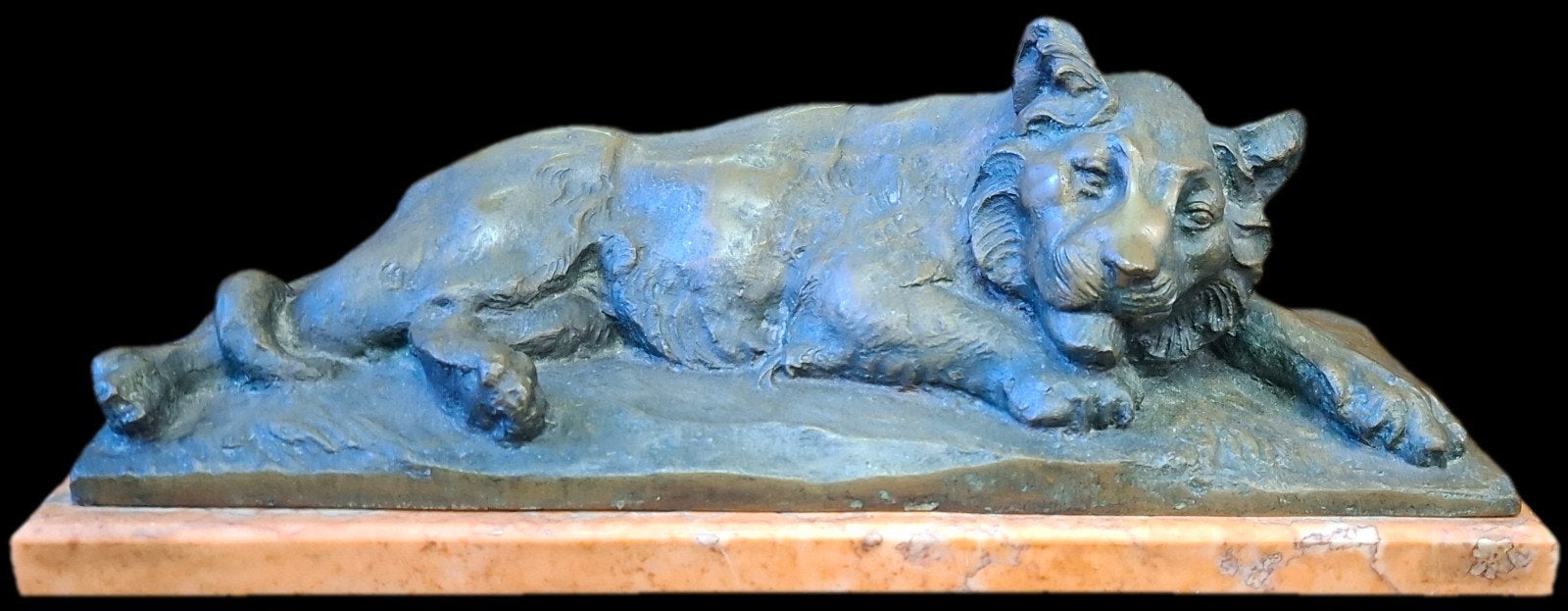 Bronzen beeld van liggende leeuw, 34 cm, Overige onderwerpen, Ophalen of Verzenden, Brons, 20 - 50 cm